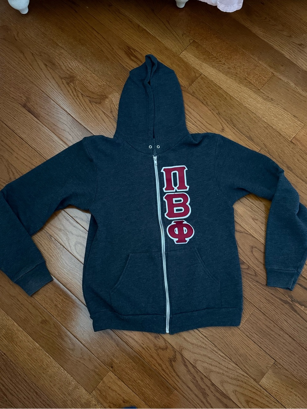 Dark Gray Zip-Up Hoodie with Burgundy Greek Letter Patch - Pi Beta Phi